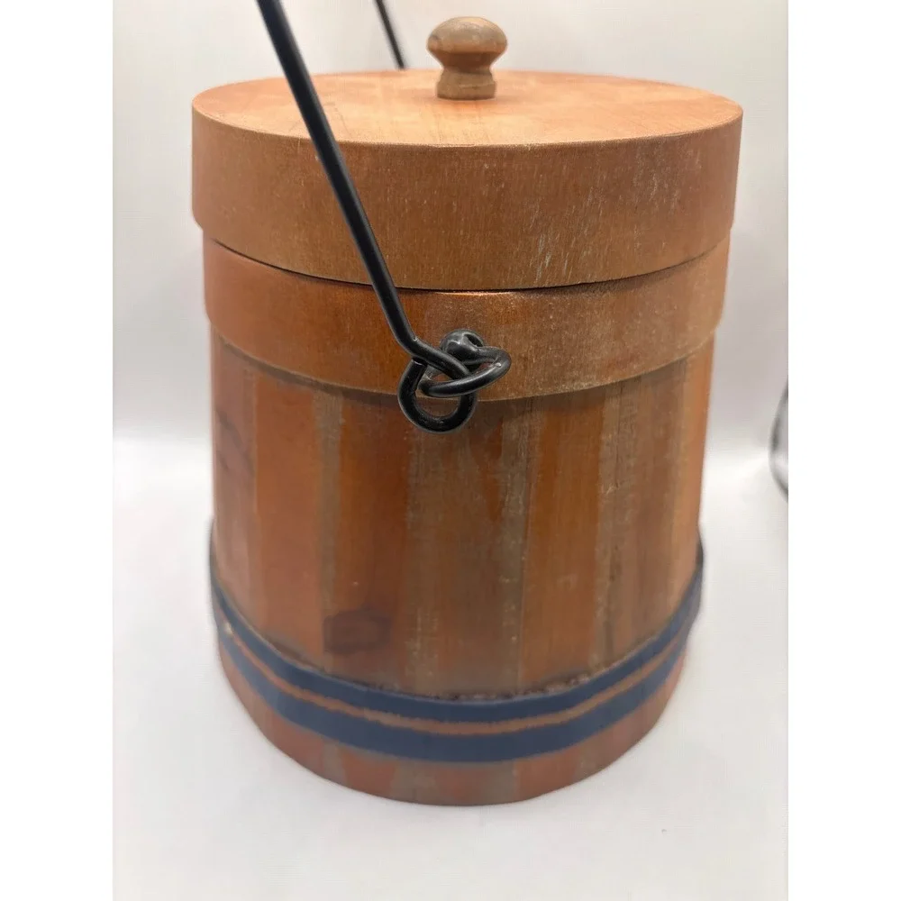 Rustic Wooden Decorative Bucket with Lid and Metal Handle Farmhouse Decor